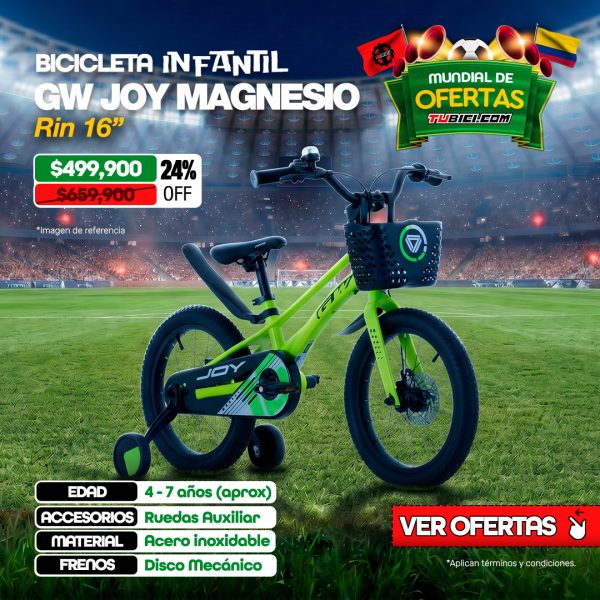 BICICLETA INFANTIL GW JOY MAGNESIO RIN16″ 1VEL- NIÑO/NIÑA